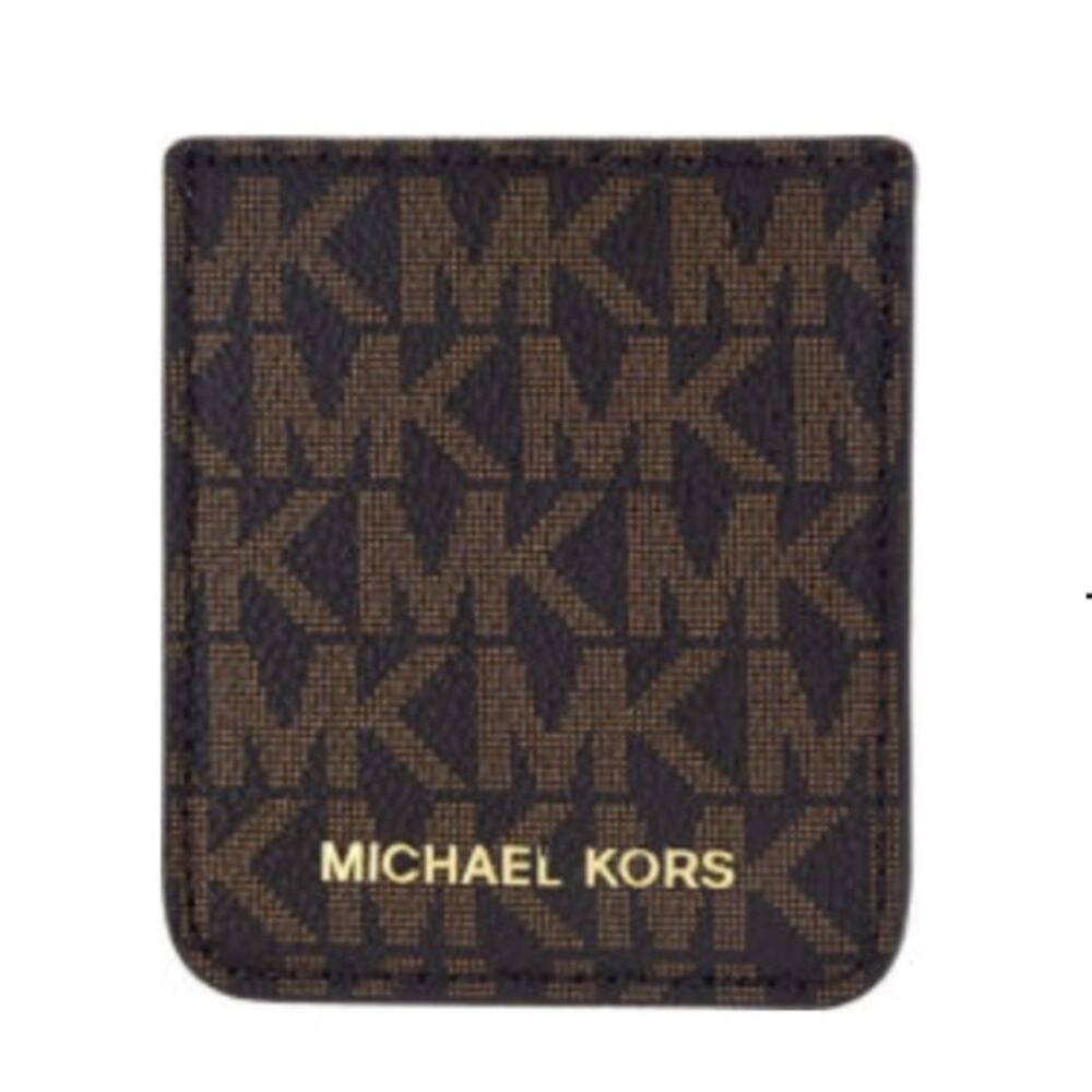 MICHAEL KORS Brown Gold Monogram Logo Leather Phone Pocket Sticker Wallet